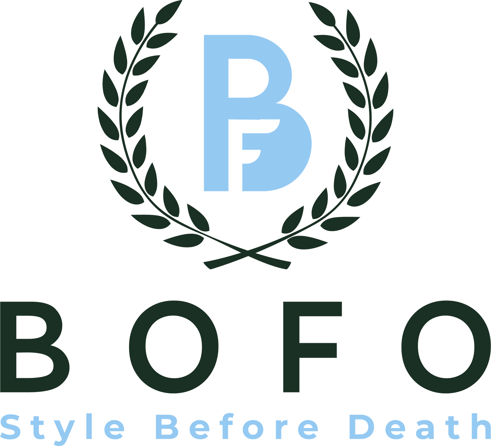 Logo with LArge BOFO written under a wreath with light blue emblem and slogun Style Before Death